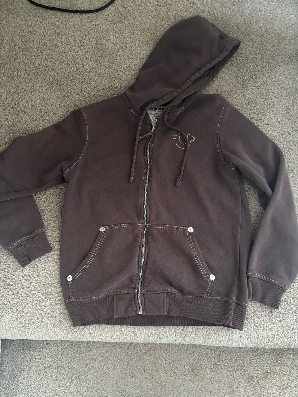 True Religion Brown Full-Zip Hoodie with Branded Patch
